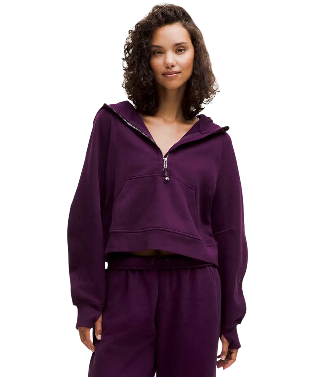 Purple lululemon scuba oversized half zip hoodie with matching sweatpants in dramatic magenta shown from front view