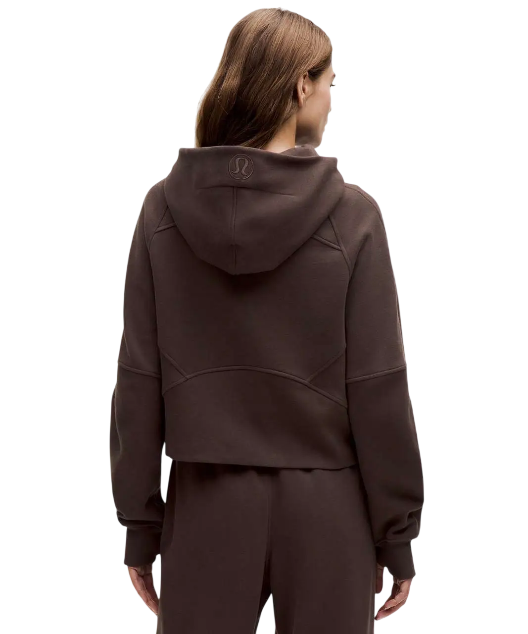 A chocolate brown lululemon scuba oversized half zip hoodie with a cropped fit and subtle seam detailing