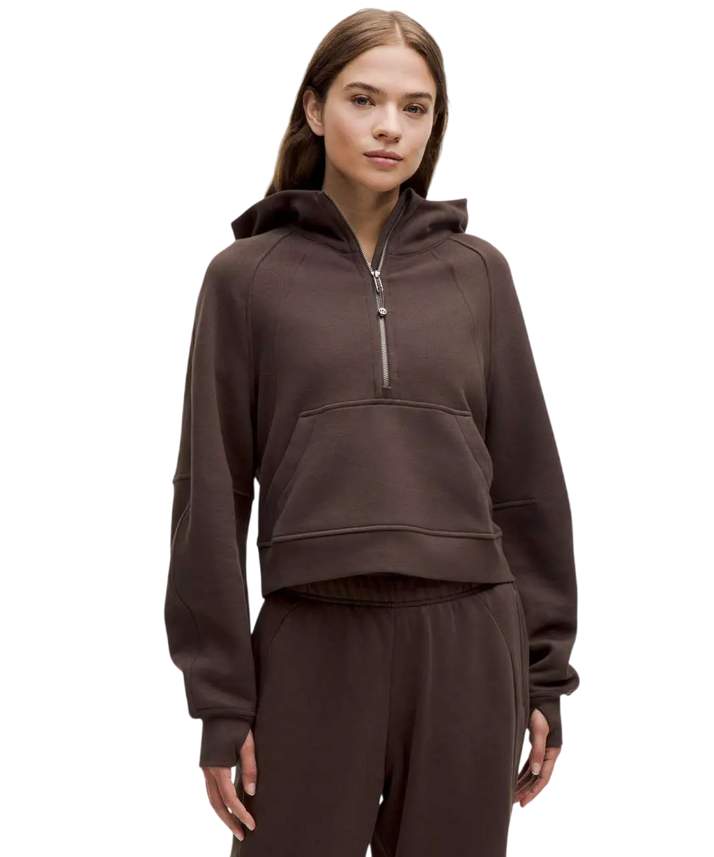 Brown lululemon scuba oversized half zip hoodie with espresso color and matching sweatpants in front view