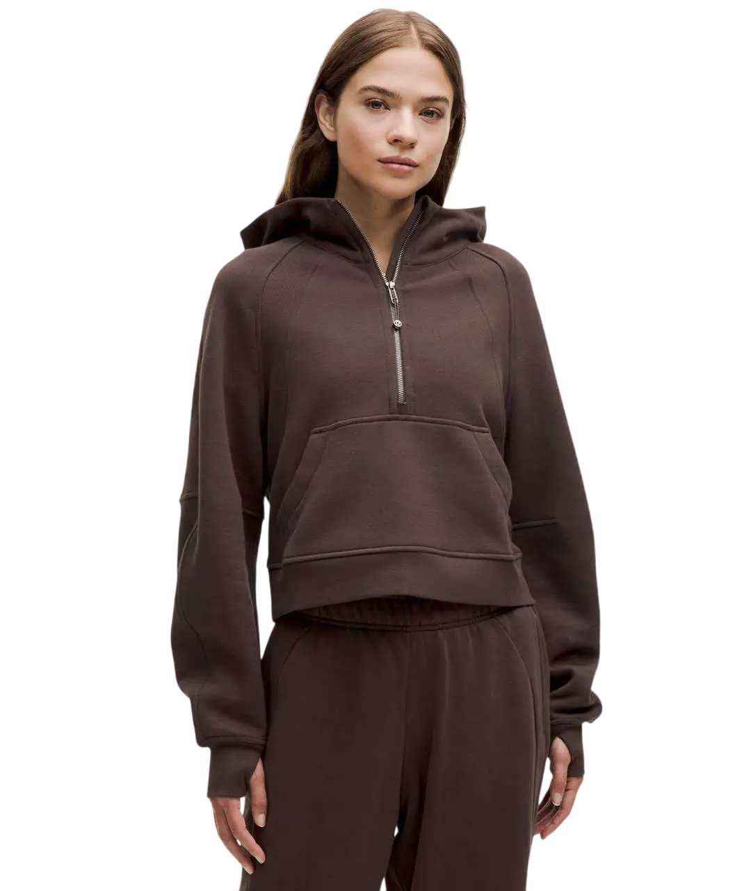 Brown lululemon scuba oversized half zip hoodie with espresso color and matching sweatpants in front view