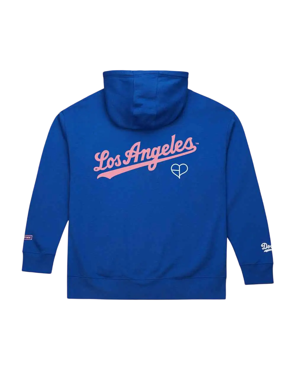 Back side of mitchell & ness x blackpink la dodgers blue hoodie with pink cursive lettering and white heart logo