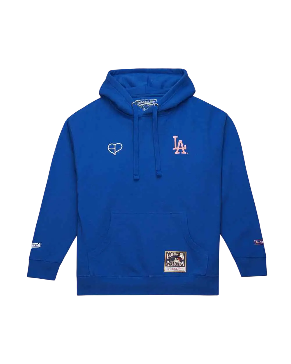 Royal blue Mitchell & Ness x Blackpink LA Dodgers hoodie with white heart logo and red white baseball emblem