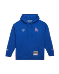 Royal blue Mitchell & Ness x Blackpink LA Dodgers hoodie with white heart logo and red white baseball emblem