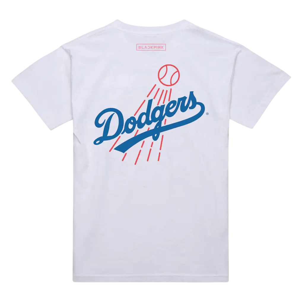 White Mitchell & Ness x Blackpink LA Dodgers short-sleeved t-shirt with blue and red logo and radiating lines
