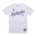 White Mitchell & Ness x Blackpink LA Dodgers t-shirt with pink and blue los angeles script and heart logo from Cooperstown collection