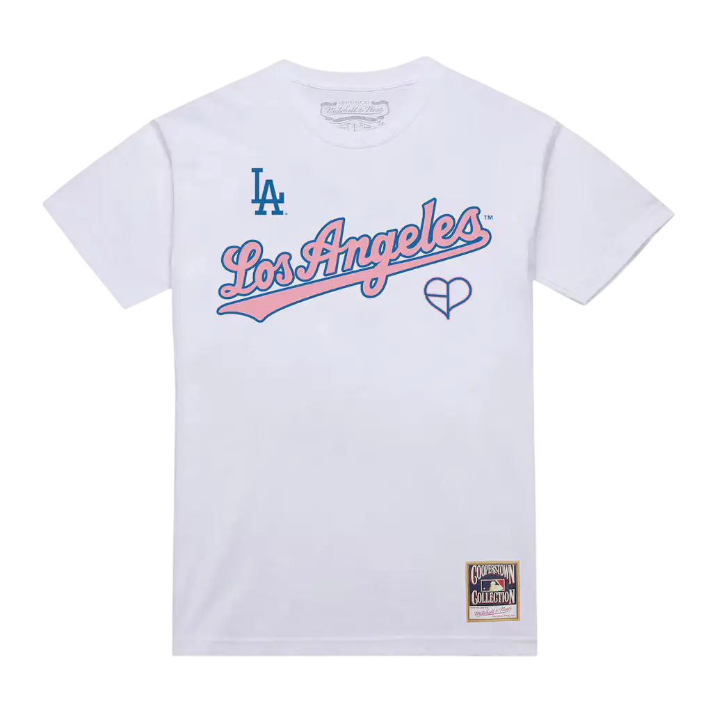 White Mitchell & Ness x Blackpink LA Dodgers t-shirt with pink and blue los angeles script and heart logo from Cooperstown collection