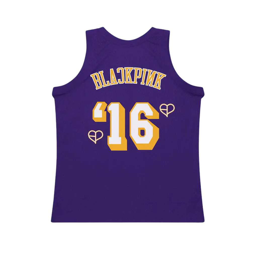 Back of purple sleeveless mitchell and ness x blackpink la lakers jersey with yellow blackpink lettering and number 16
