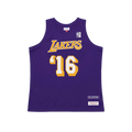 Back side of purple mitchell & ness x blackpink la lakers jersey with gold and white 16 number and collaboration label