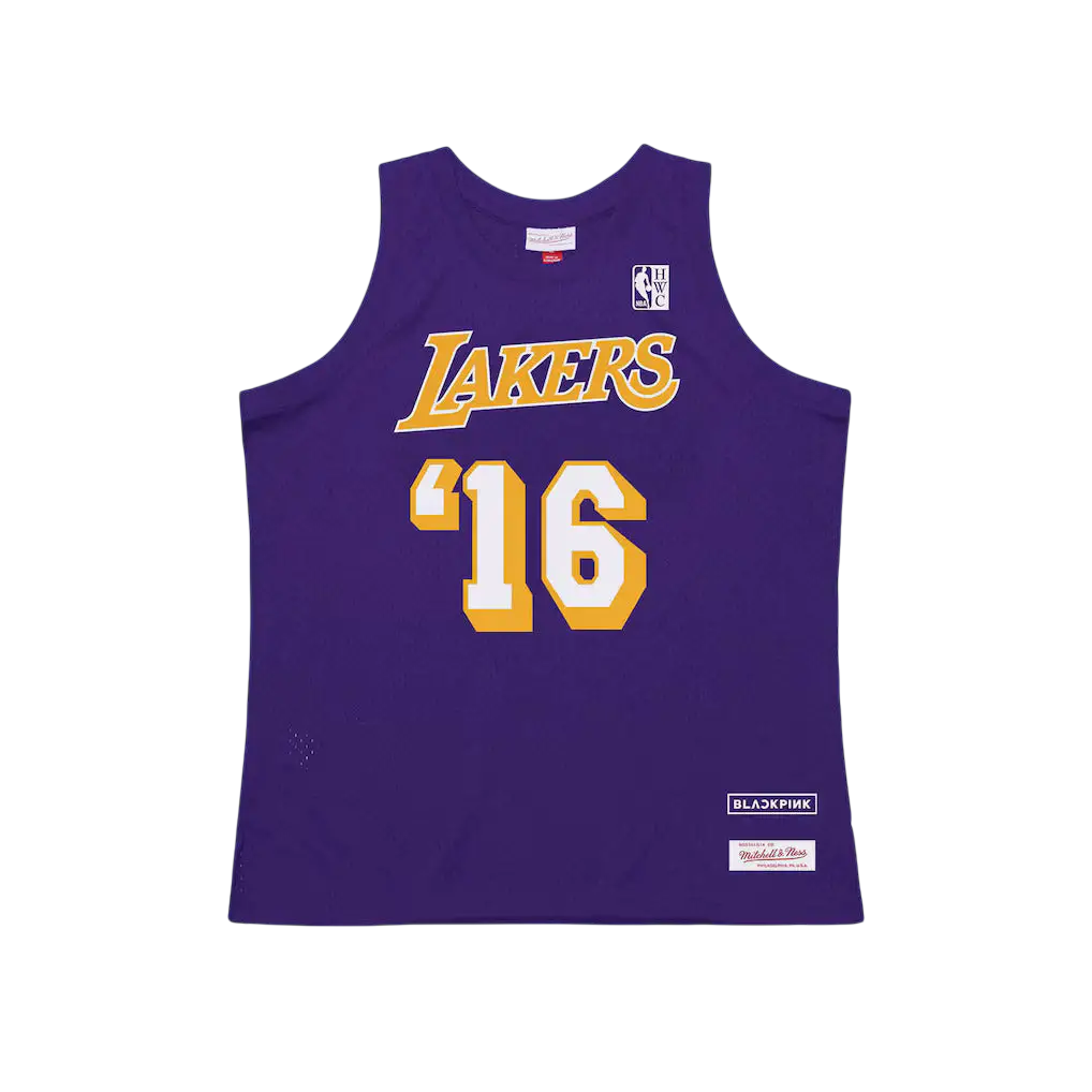 Back side of purple mitchell & ness x blackpink la lakers jersey with gold and white 16 number and collaboration label