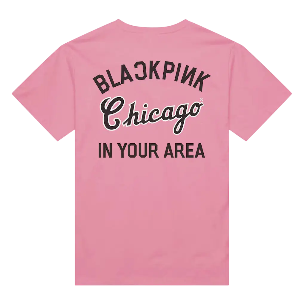 Back side of mitchell & ness x blackpink white sox pink short-sleeved t-shirt with blackpink chicago text in black