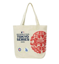 Cream-colored canvas tote bag with bold red and navy graphics for MLB world tour Tokyo Series 2025 featuring Cubs and Dodgers logos