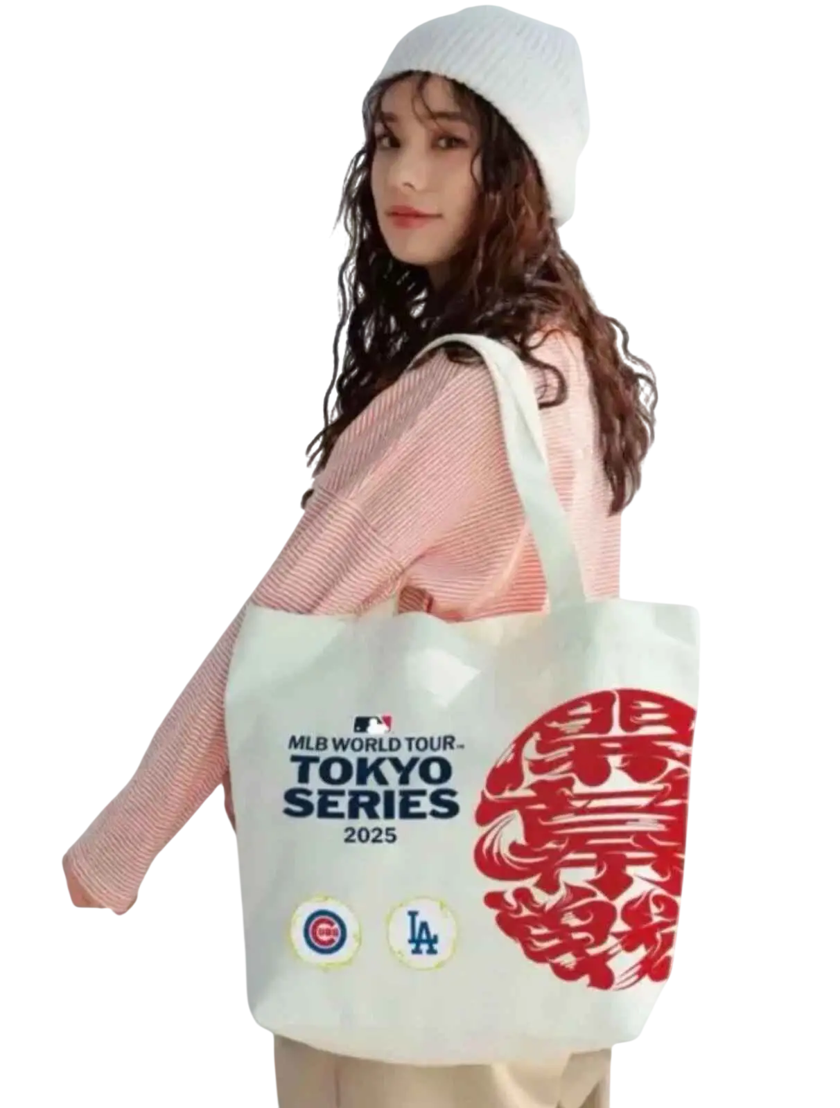 White canvas tote bag featuring red and blue mlb world tour tokyo series 2025 branding and circular logos