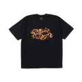 Black short-sleeved neighborhood t-shirt featuring an ornate gold and orange neighborhood co logo on the chest
