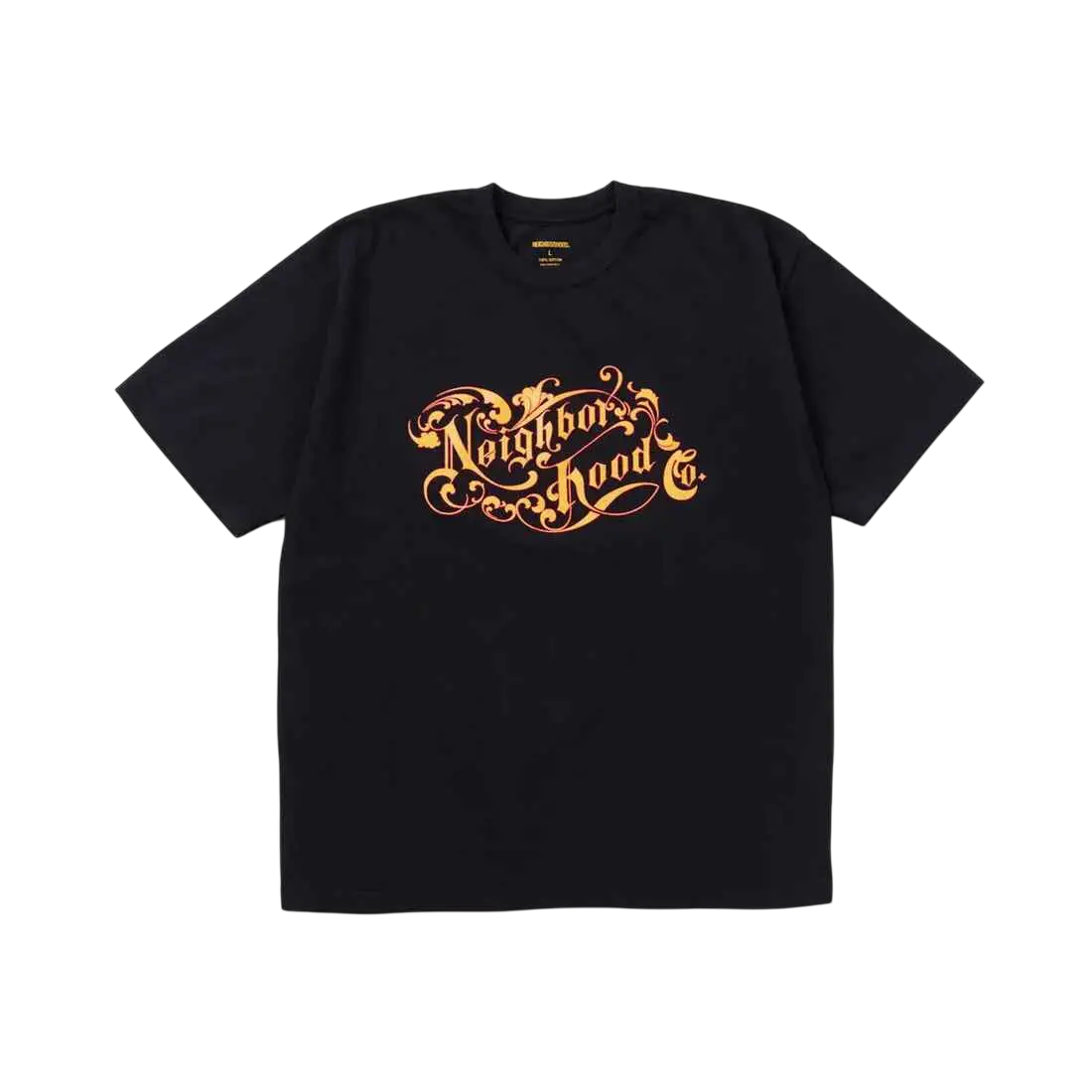Black short-sleeved neighborhood t-shirt featuring an ornate gold and orange neighborhood co logo on the chest