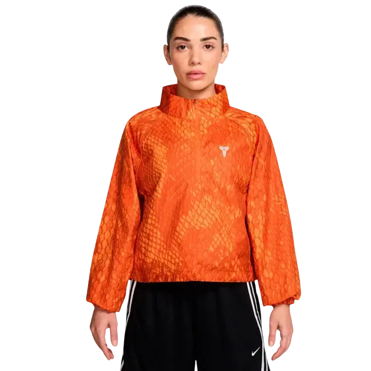 Nike kobe women’s lightweight woven jacket in safety orange snakeskin pattern with a white chest logo