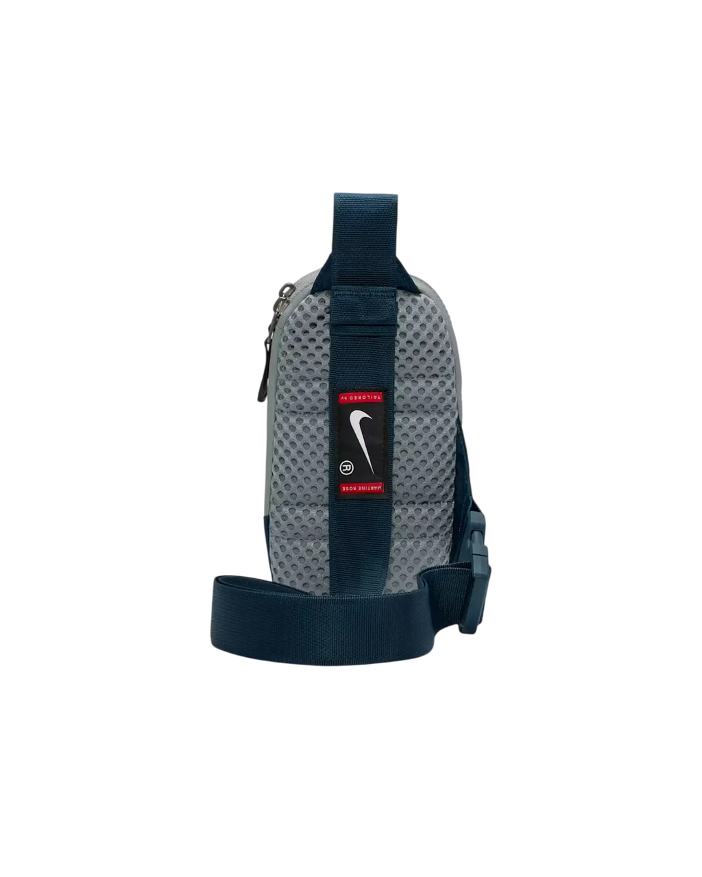 Navy blue and gray mesh nike x martine rose crossbody bag with red logo patch for hands-free carrying