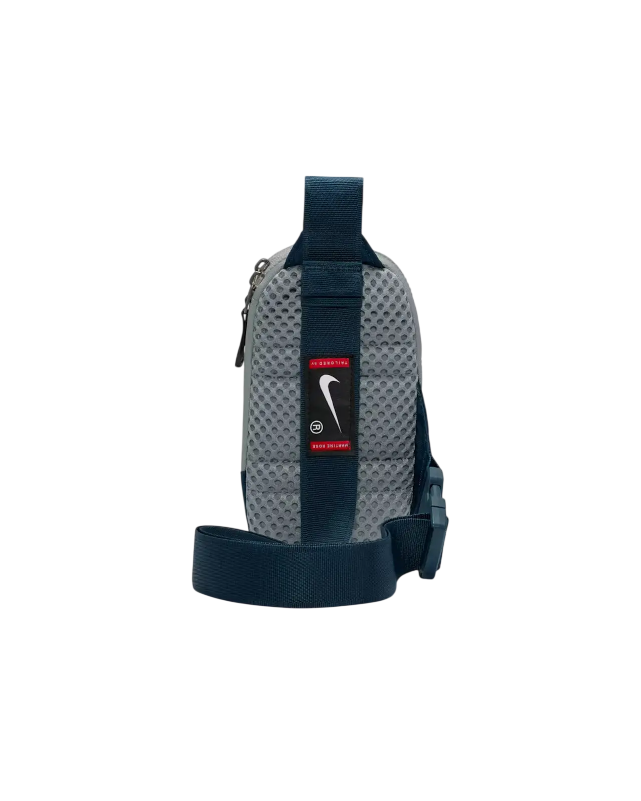 Navy blue and gray mesh nike x martine rose crossbody bag with red logo patch for hands-free carrying