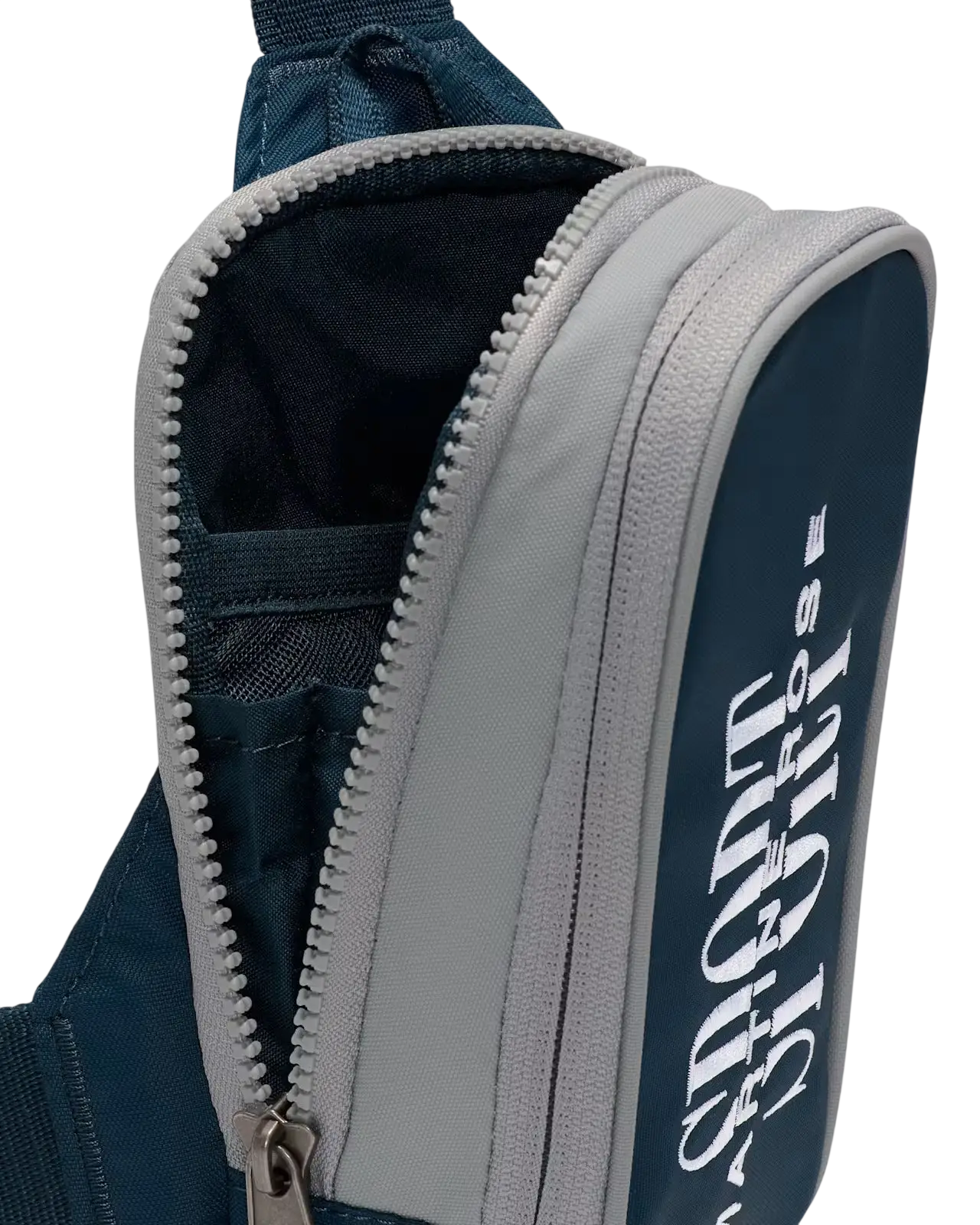 Navy blue and gray Nike x Martine Rose crossbody bag with zippered pouch and white logo on the side