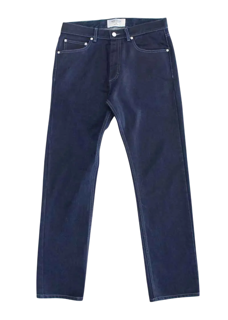 Dark indigo denim jeans with classic straight-leg cut and silver-toned hardware by noon goons zeros wax denim