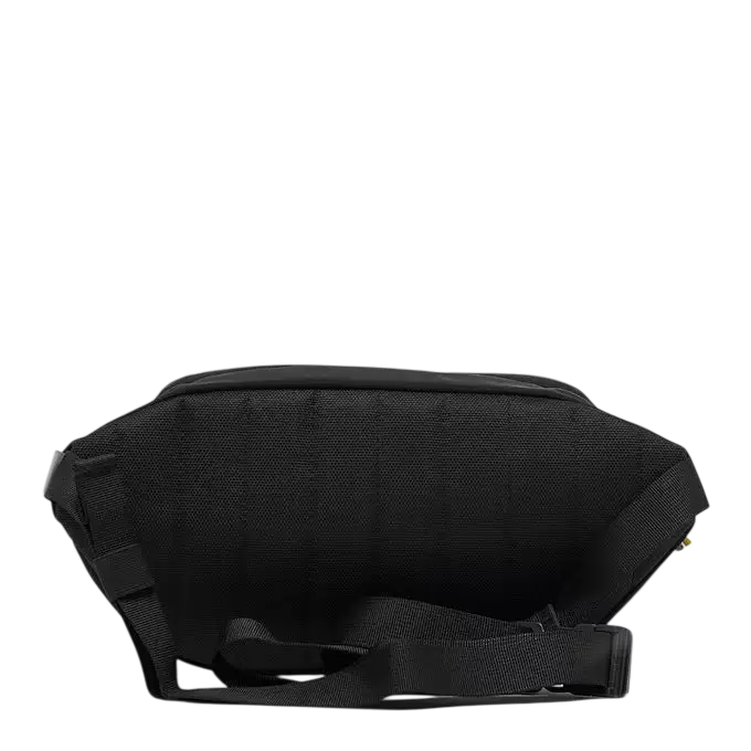 Black textured fabric north face berkley lumbar bag with adjustable strap and buckle in black and mineral gold