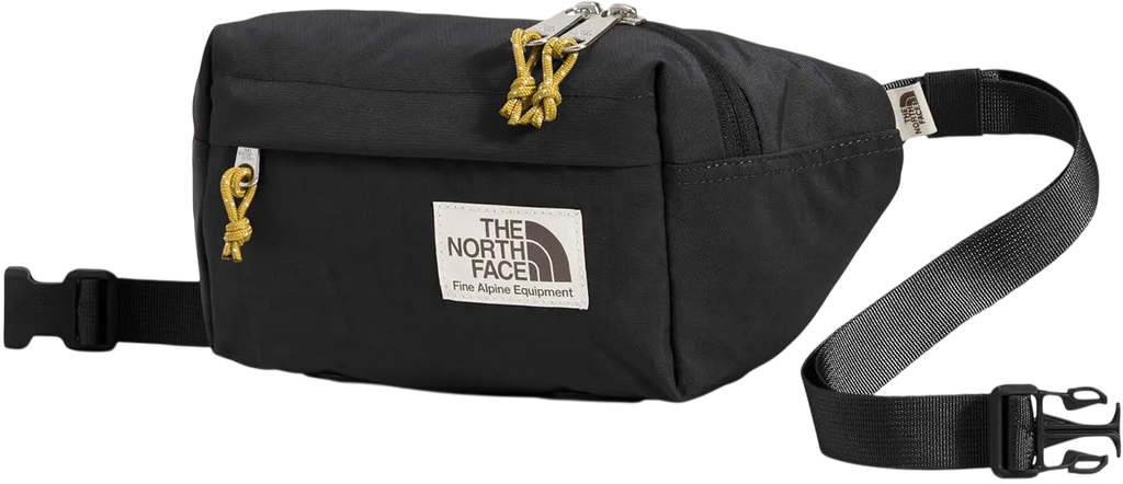 Black north face berkley lumbar bag with yellow rope detailing and white brand label in black mineral gold color