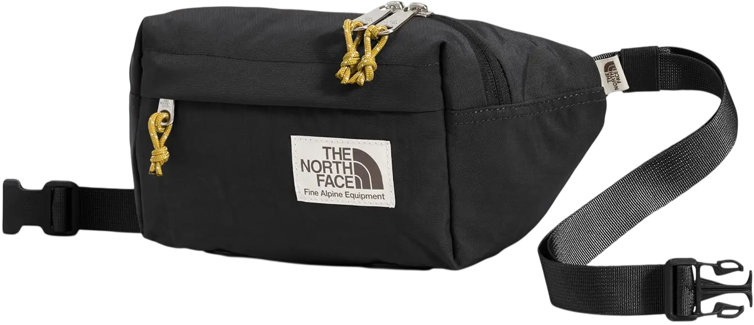 Black north face berkley lumbar bag with yellow rope detailing and white brand label in black mineral gold color