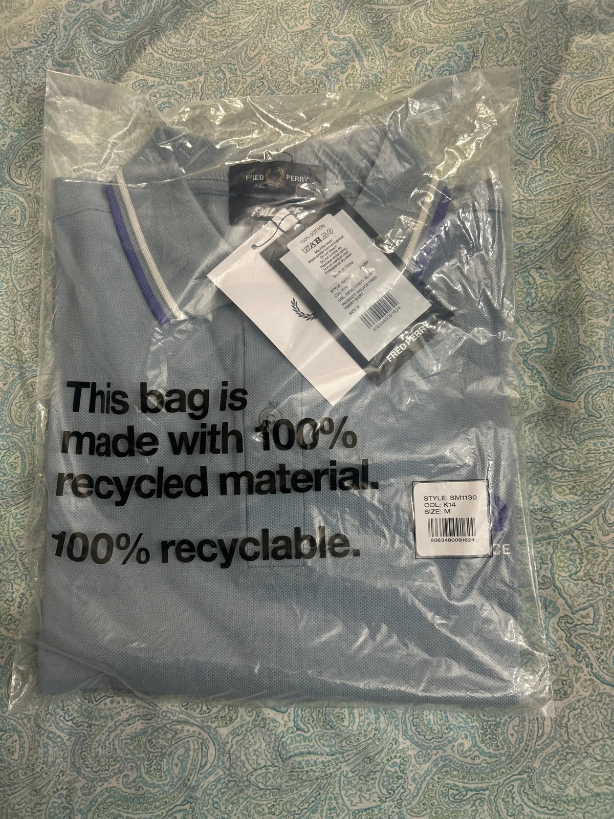 Palace x Fred Perry Polo Dusty Blue Medium