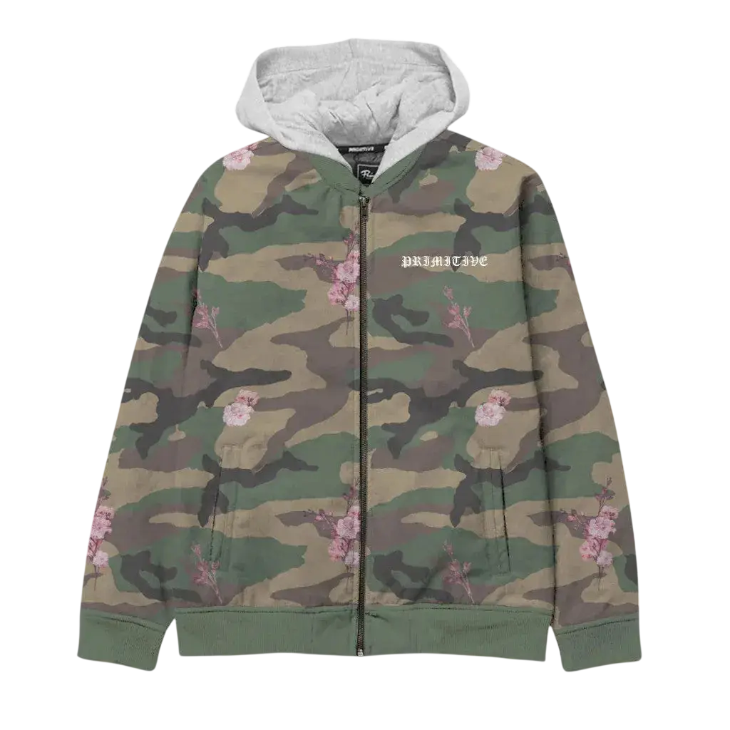 Primitive osaka camo bomber jacket camo zip-up hoodie in camouflage with pink cherry blossoms and white-lined hood