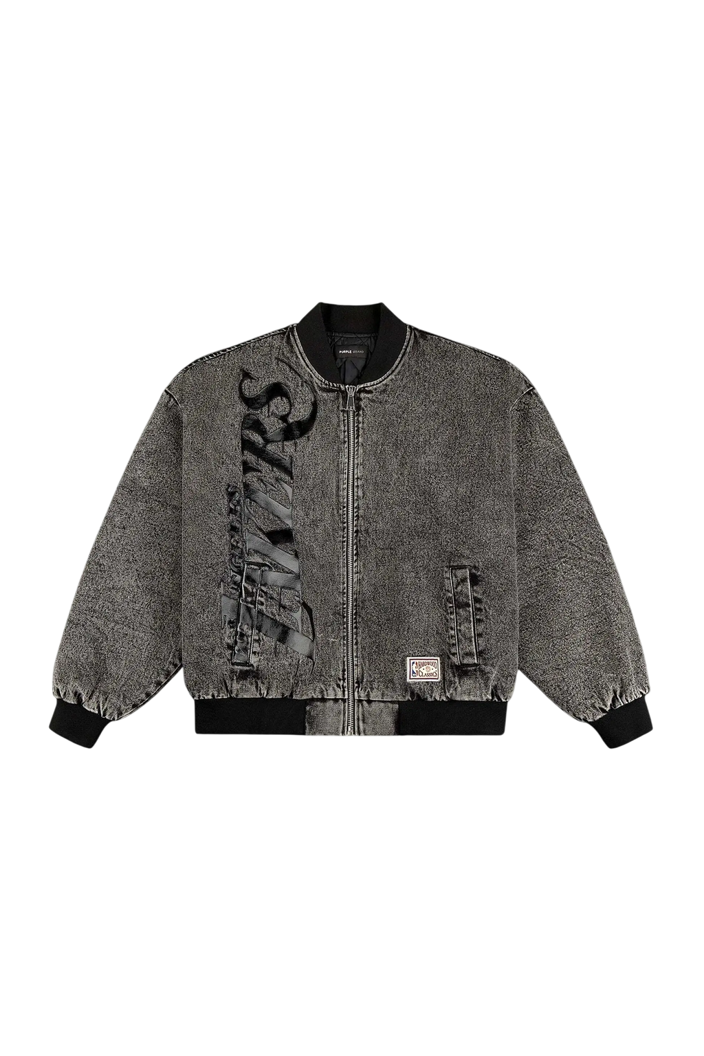 Black distressed denim bomber jacket with frayed edges and bold graphic on left sleeve by purple brand x mitchell & ness