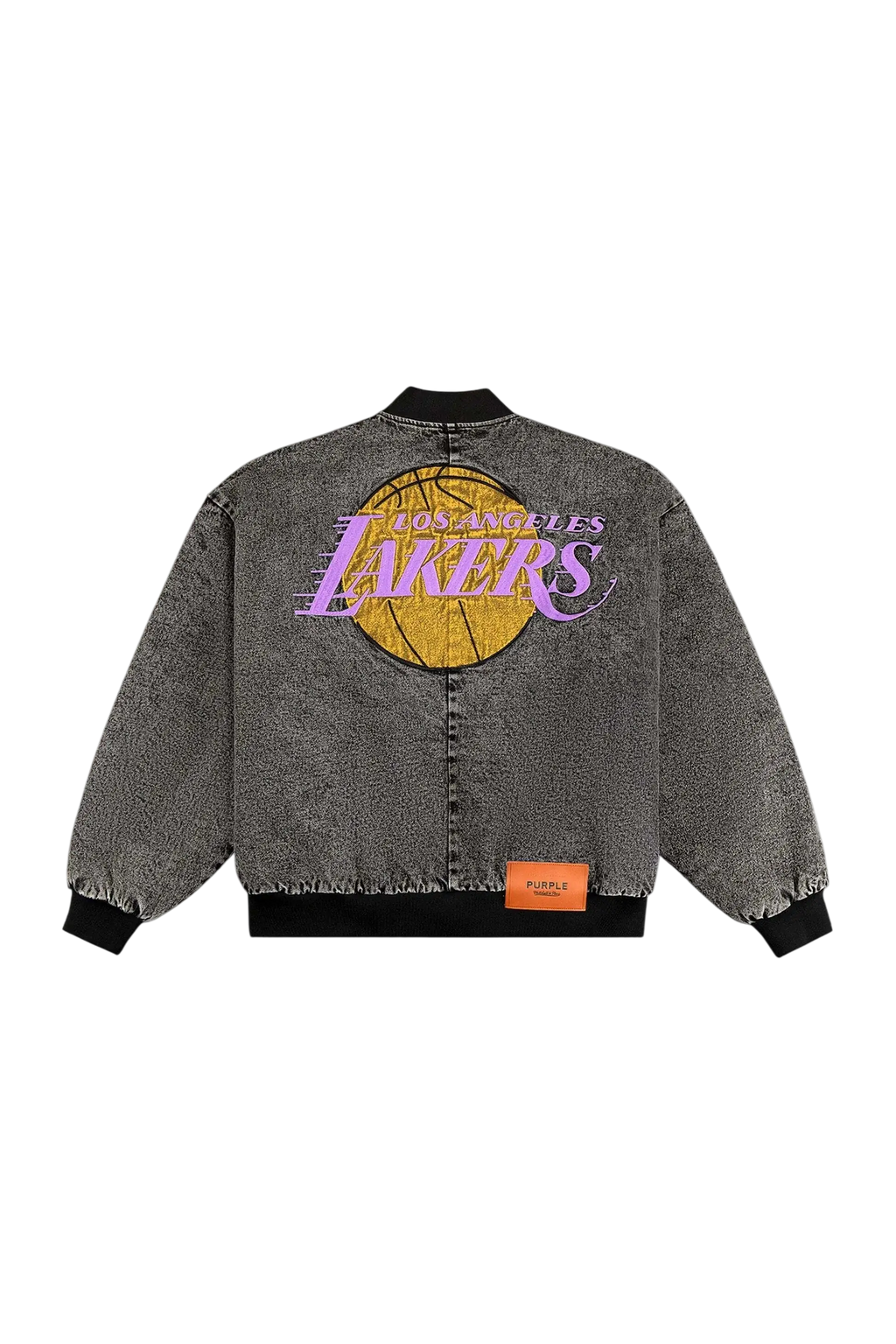 Back of gray distressed denim purple brand x mitchell & ness la lakers bomber jacket with purple logo and gold basketball design