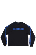 Black rassvet long sleeve tee with blue geometric and checkered patterns on sleeves and chest in cotton material