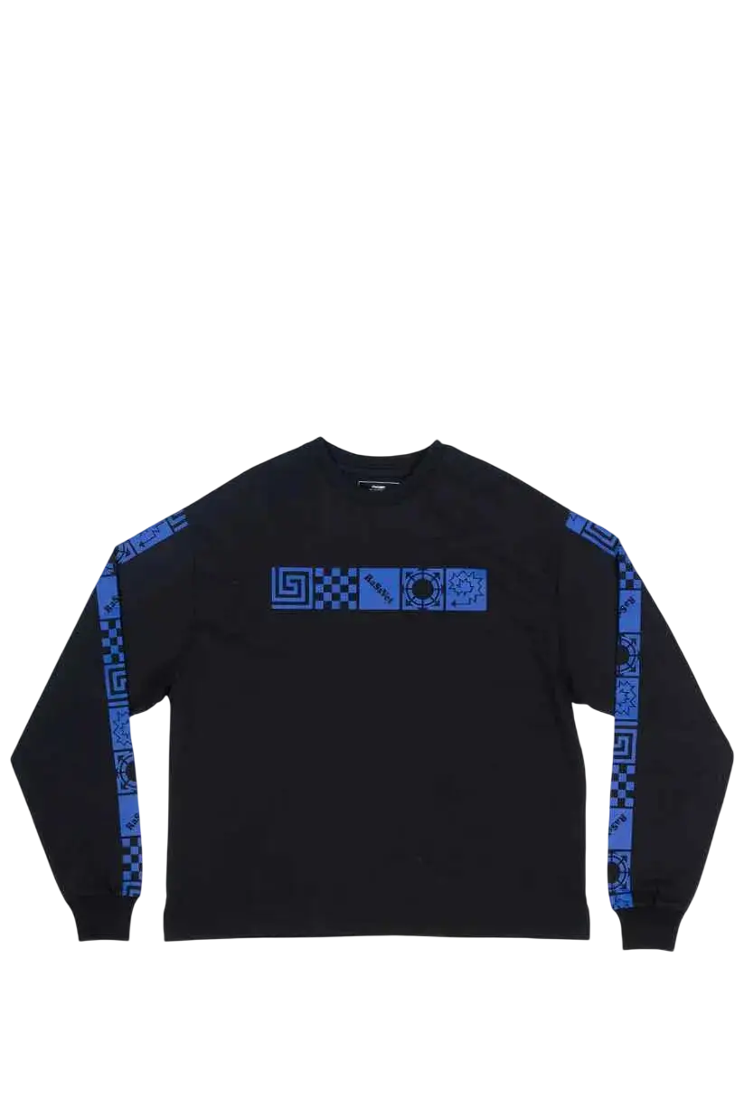 Black rassvet long sleeve tee with blue geometric and checkered patterns on sleeves and chest in cotton material