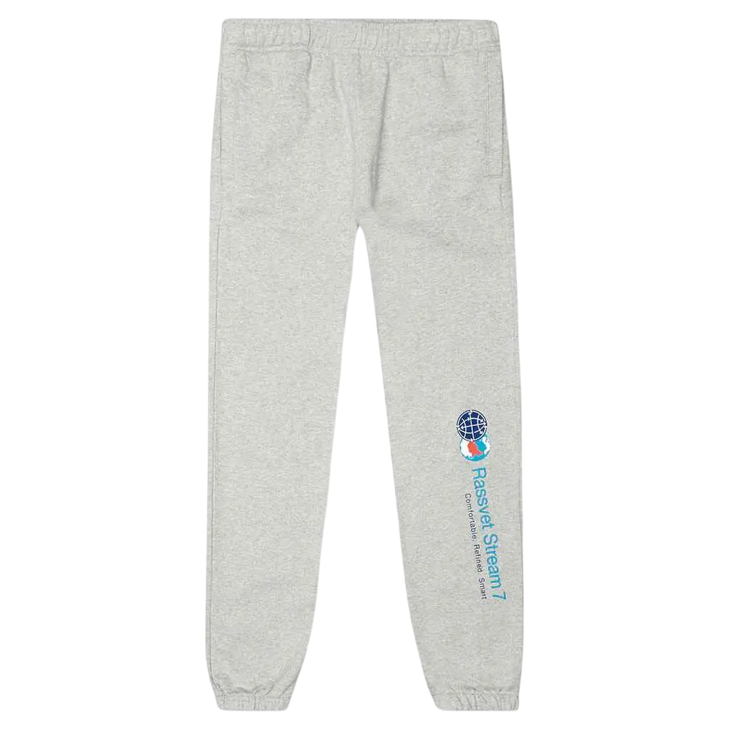 Light gray heathered melange gray rassvet stream 7 sweatpants with small circular logo and text on left leg