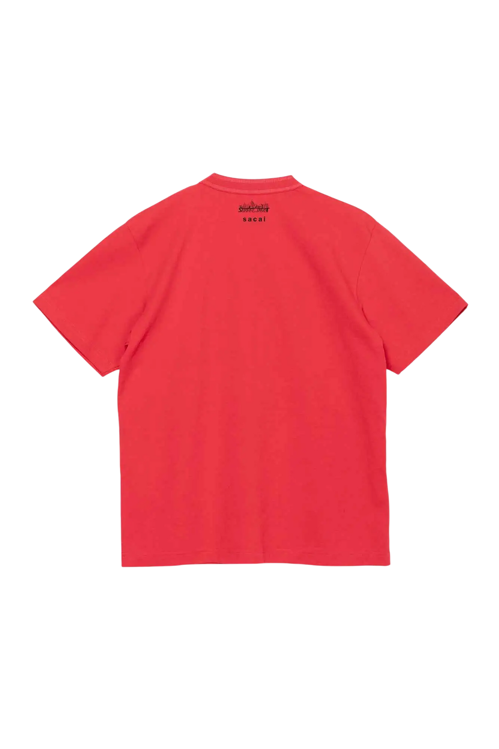 A vibrant coral-red sacai ultimate beats and breaks short-sleeved t-shirt with minimalist design and subtle neckline branding
