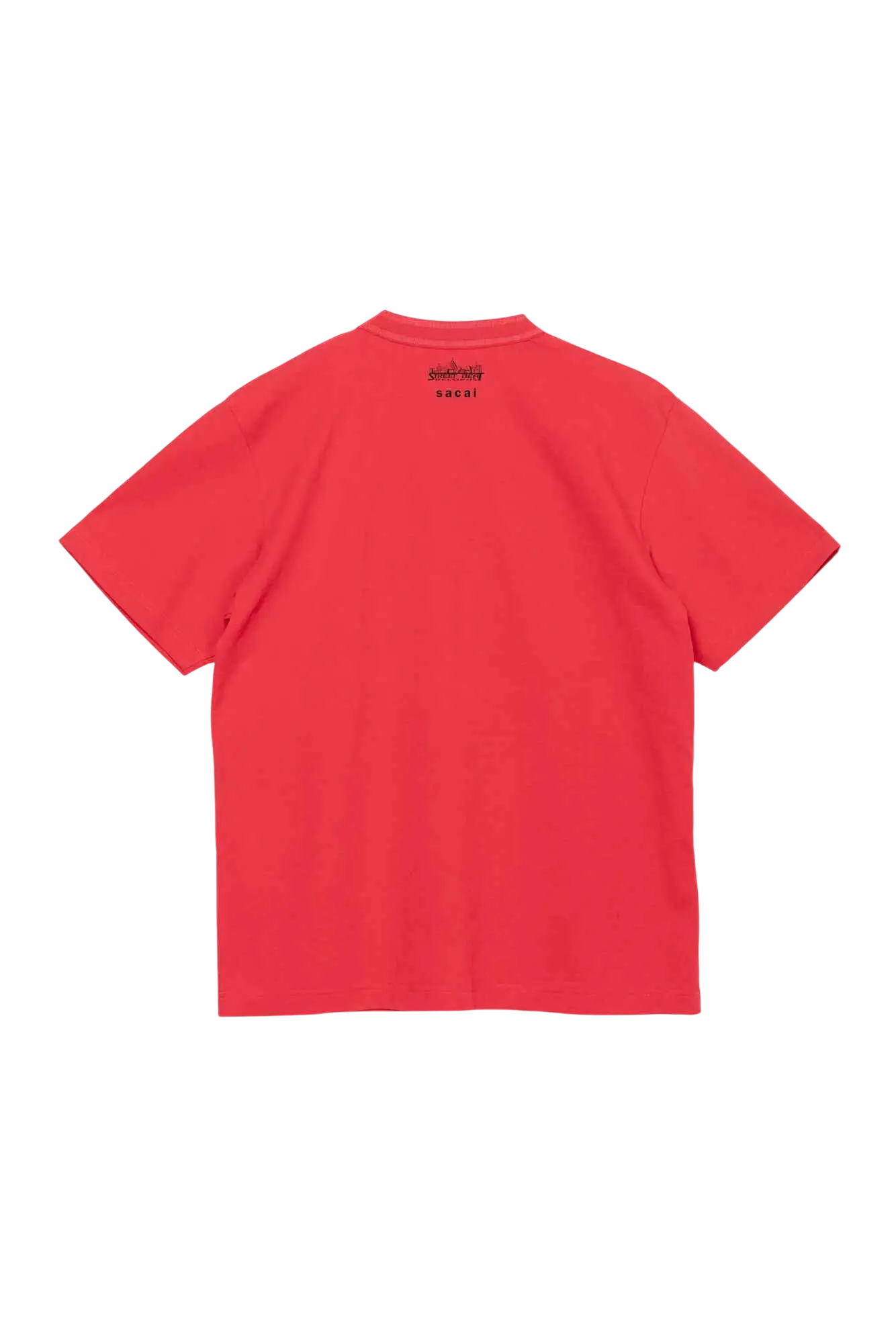 A vibrant coral-red sacai ultimate beats and breaks short-sleeved t-shirt with minimalist design and subtle neckline branding