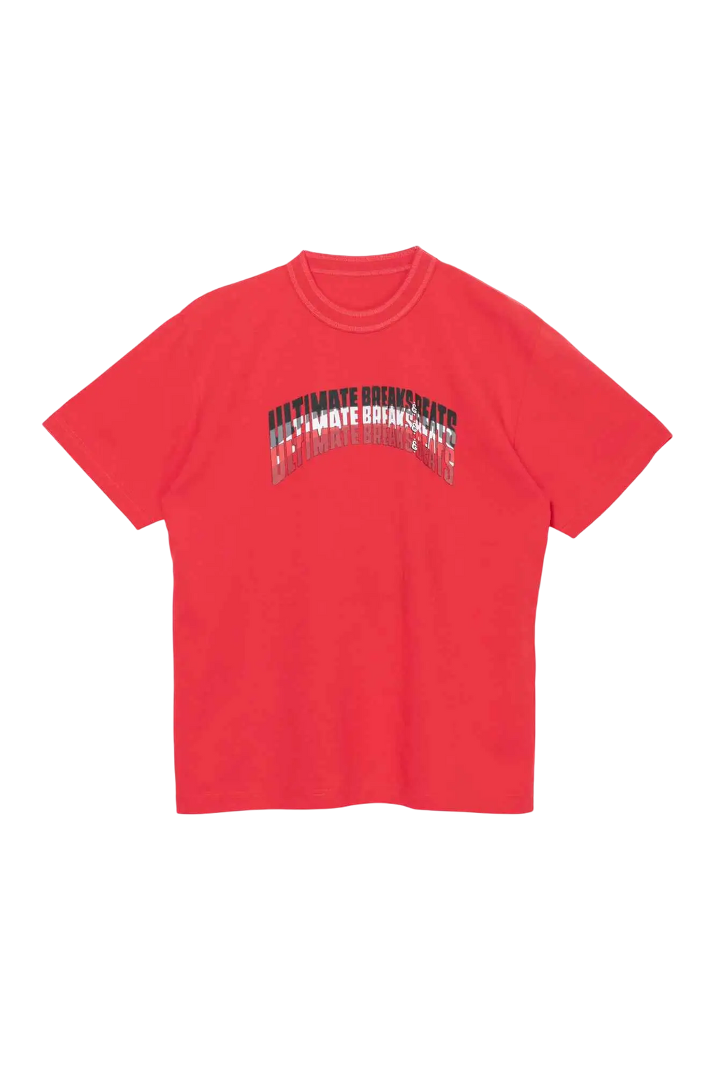 A vibrant red sacai ultimate beats and breaks short-sleeved t-shirt with a bold black and white arched graphic print