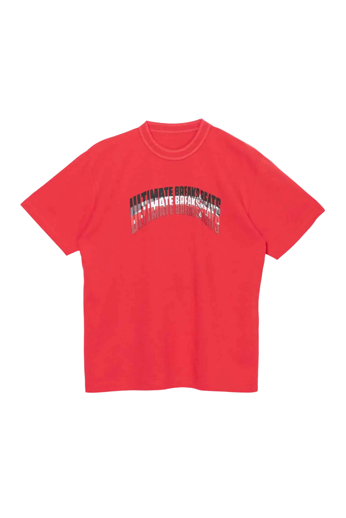 A vibrant red sacai ultimate beats and breaks short-sleeved t-shirt with a bold black and white arched graphic print