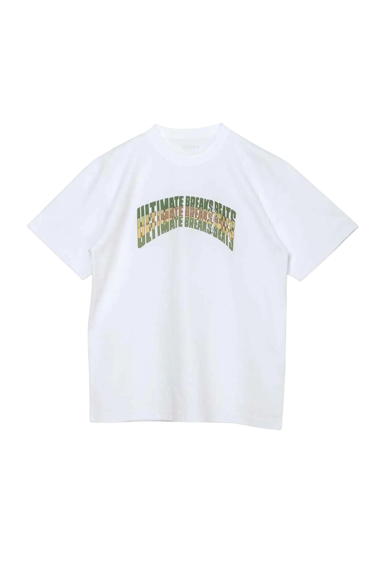 White cotton sacai ultimate beats and breaks t-shirt with colorful arched graphic and bold ultimate breaks into text