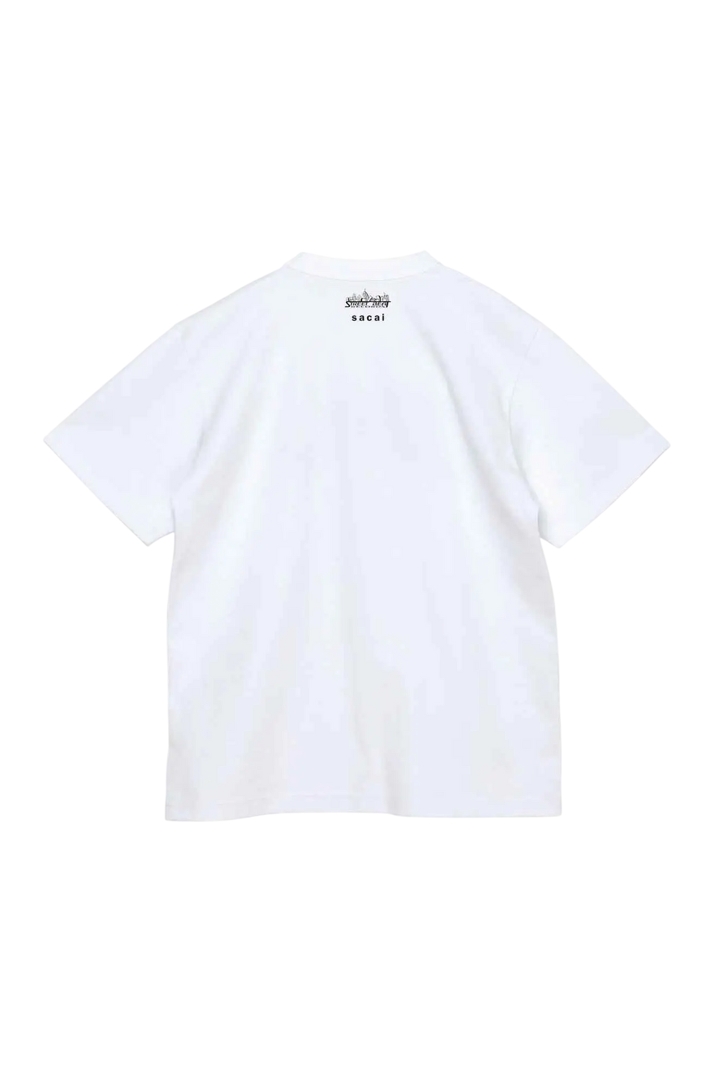 White sacai ultimate beats and breaks short-sleeved t-shirt with small black logo at neckline in cotton material