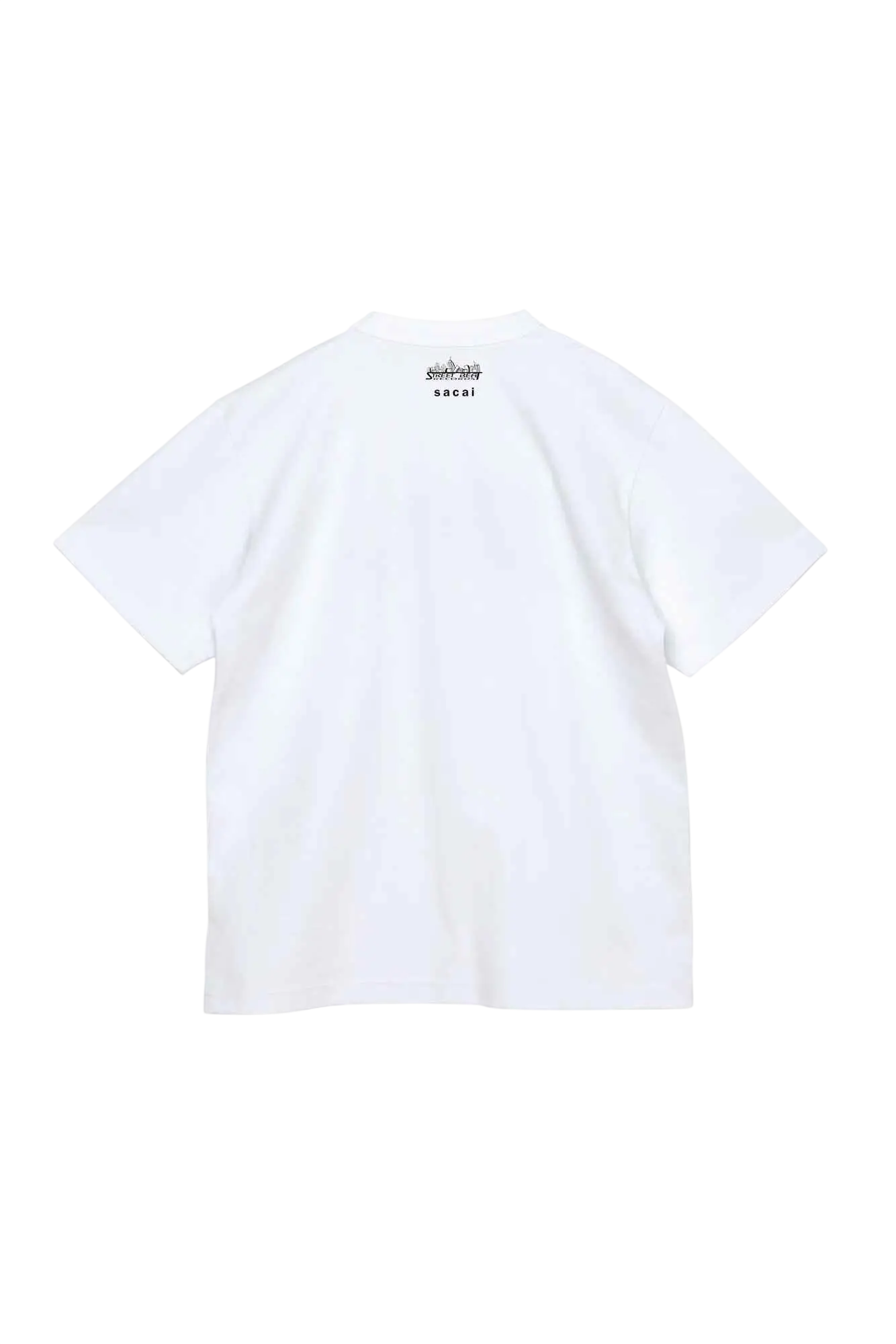 White sacai ultimate beats and breaks short-sleeved t-shirt with small black logo at neckline in cotton material