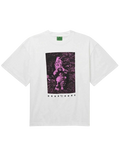 White cotton small talk studios t-shirt with a vibrant purple garden gnome graphic printed on the front