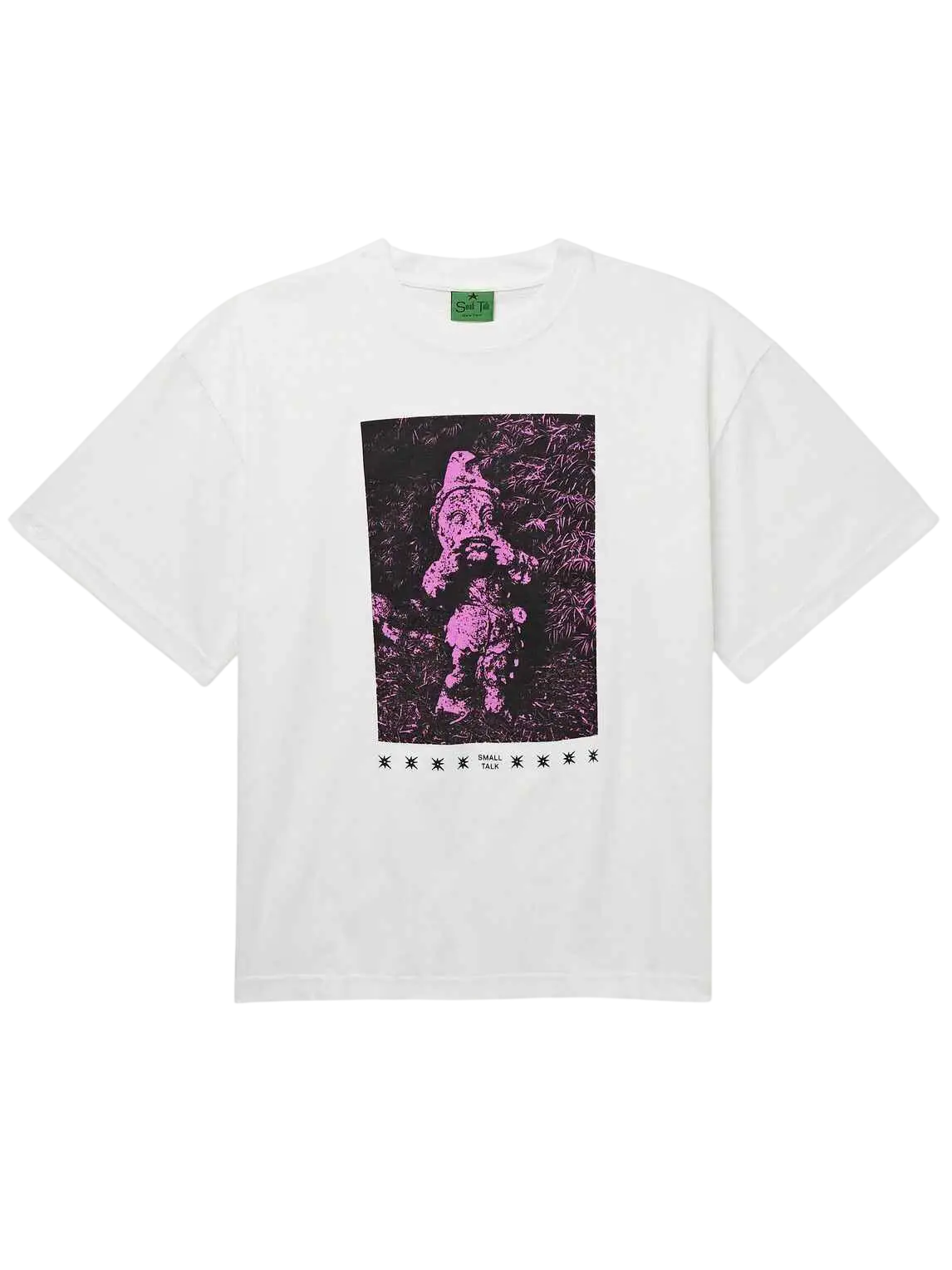 White cotton small talk studios t-shirt with a vibrant purple garden gnome graphic printed on the front