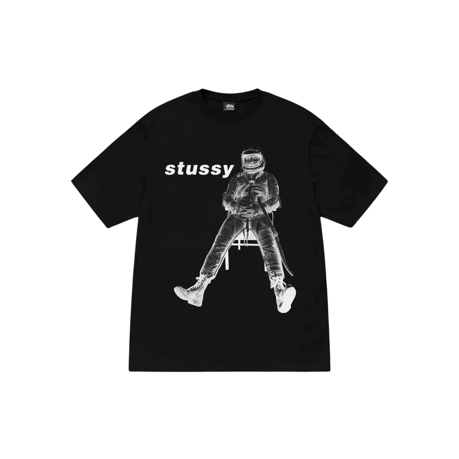 Black stussy astronaut tee featuring a white graphic of an astronaut sitting on a stool with brand name above