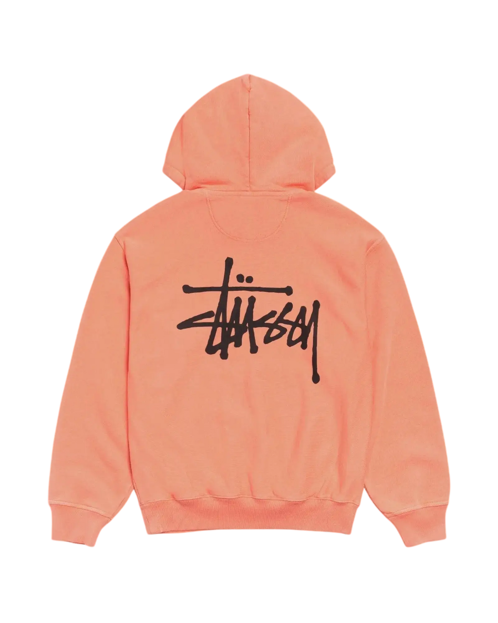 Coral-colored stussy basic hoodie pigment dyed sherbet with bold black signature logo on the back side