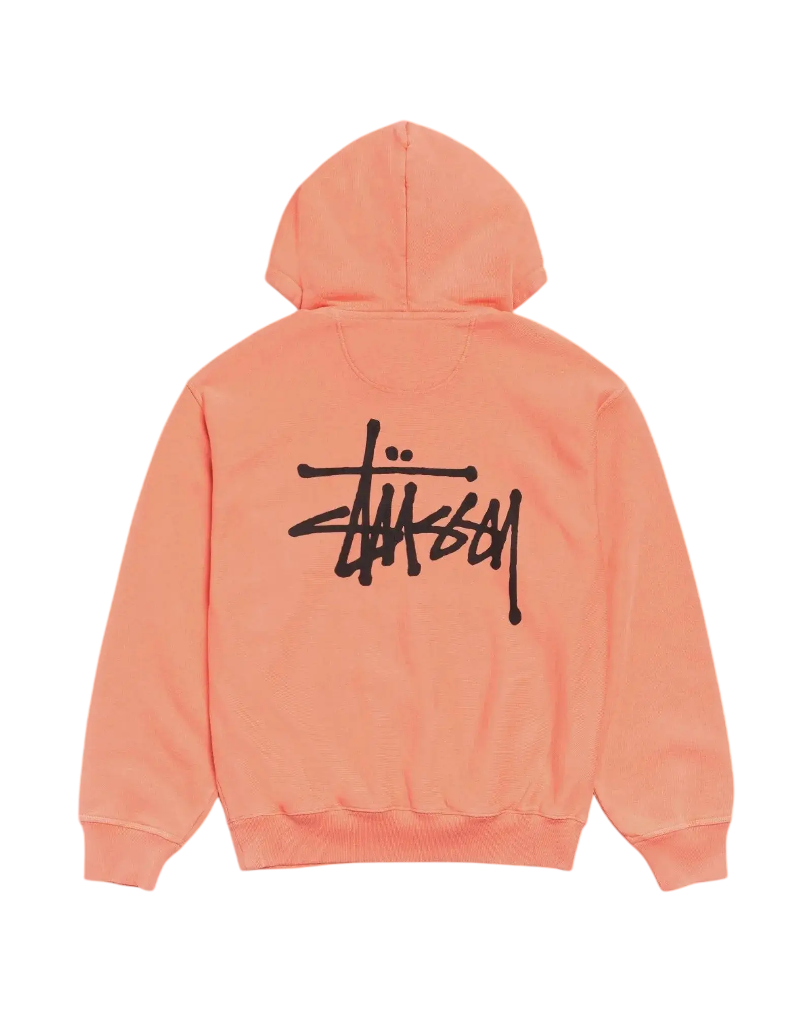 Coral-colored stussy basic hoodie pigment dyed sherbet with bold black signature logo on the back side