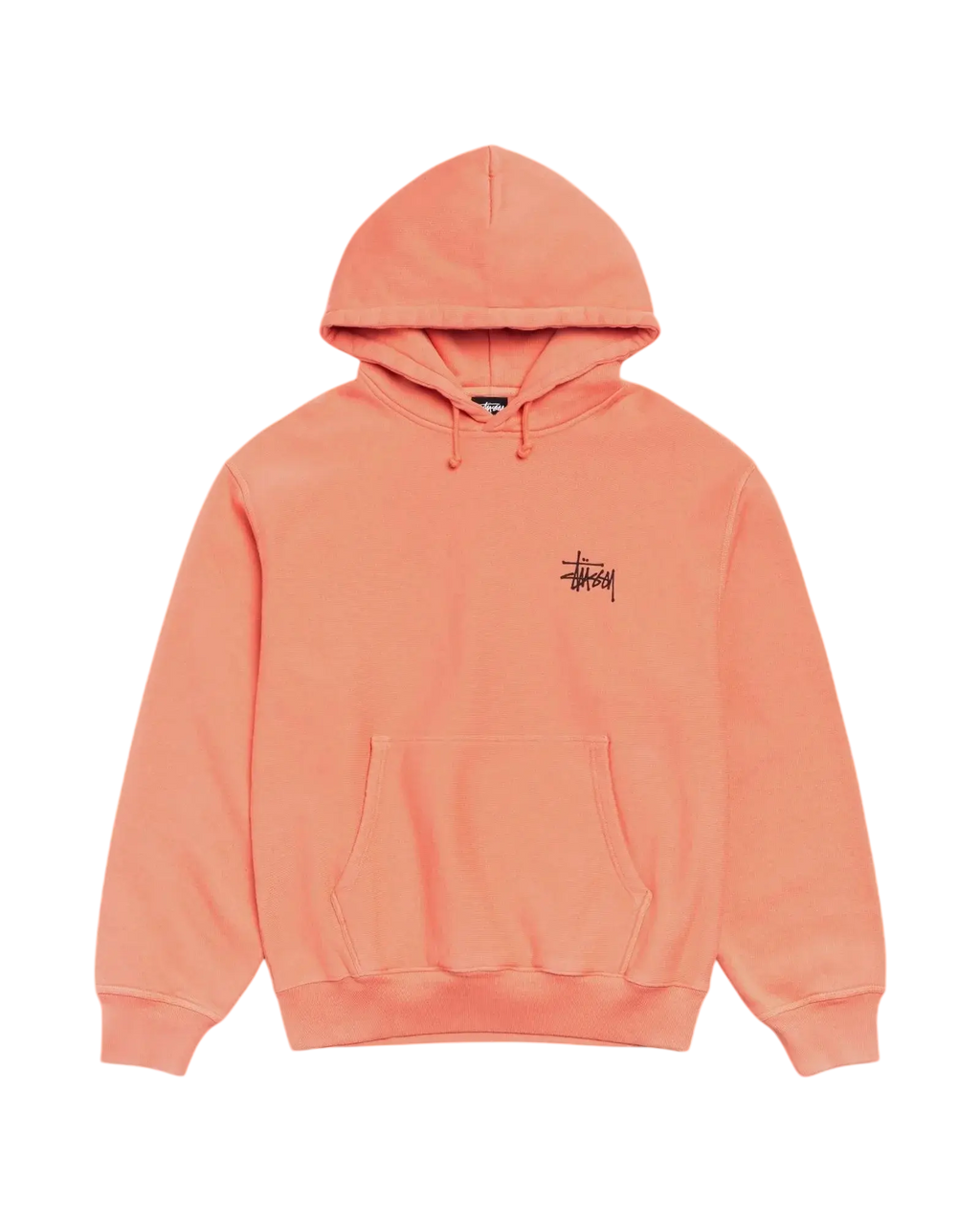 A soft peach-colored stussy basic hoodie pigment dyed sherbet with minimalist black logo and matching drawstrings