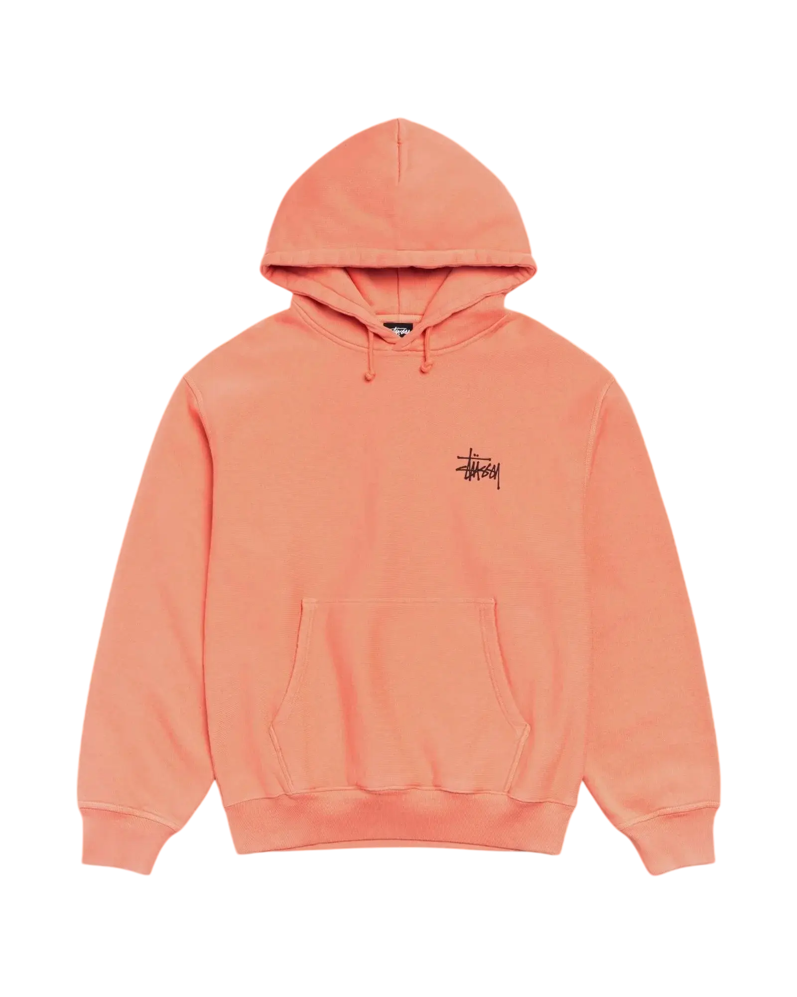 A soft peach-colored stussy basic hoodie pigment dyed sherbet with minimalist black logo and matching drawstrings