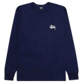 Navy blue Stussy basic long sleeve crewneck tee with white logo on left chest made from soft cotton material