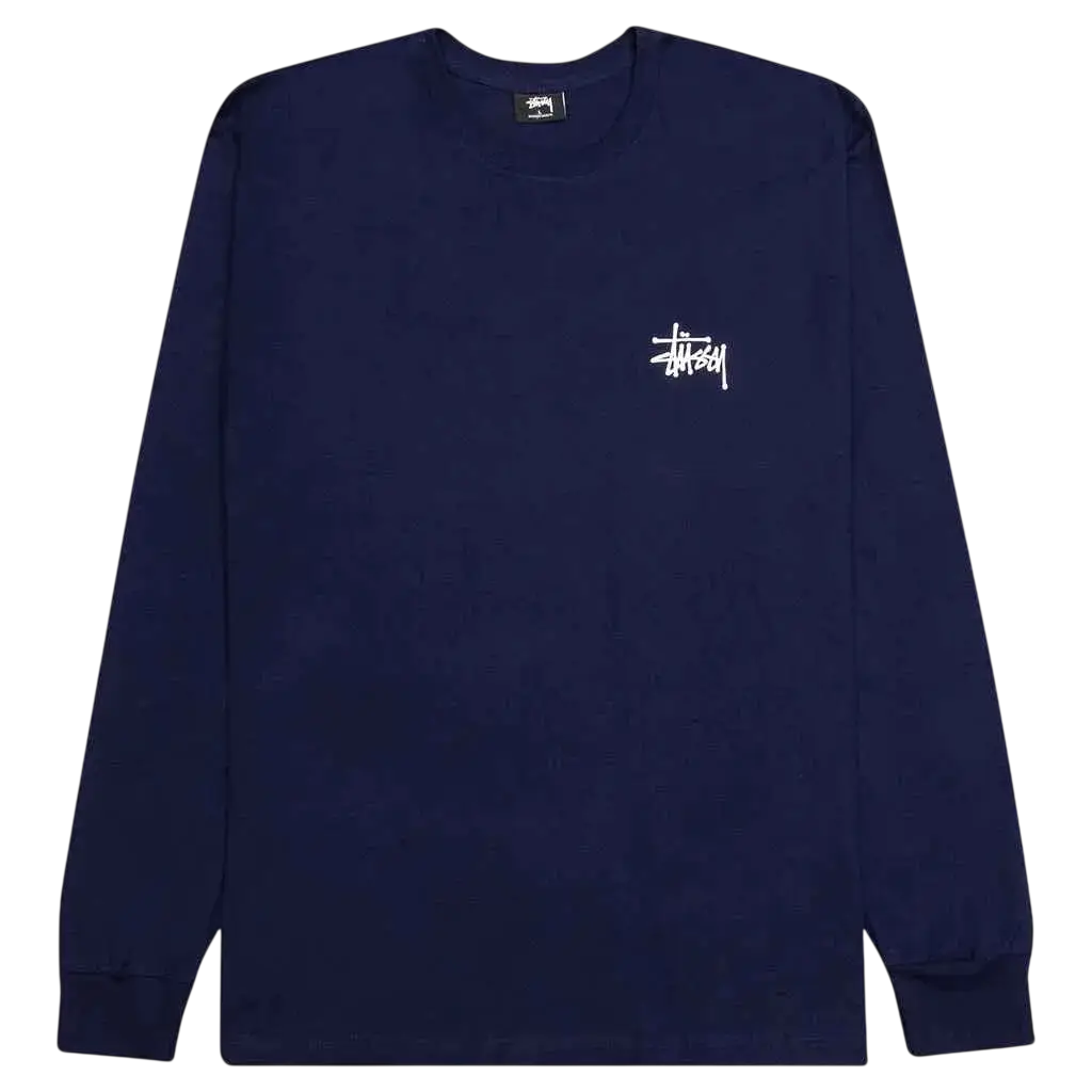 Navy blue Stussy basic long sleeve crewneck tee with white logo on left chest made from soft cotton material