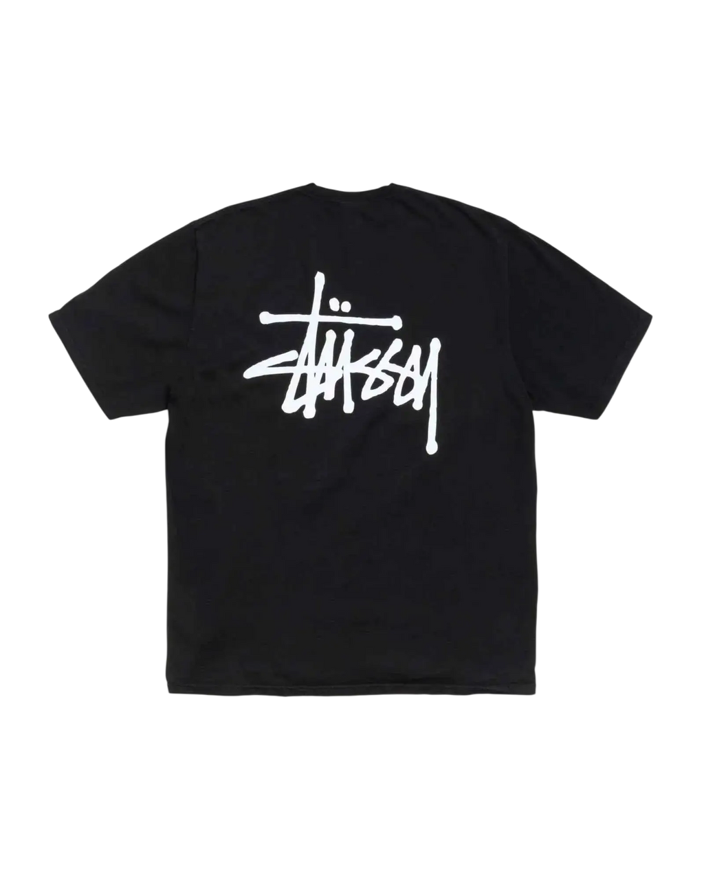 Black stussy basic tee showing the back with bold white graffiti style logo on a soft cotton t-shirt